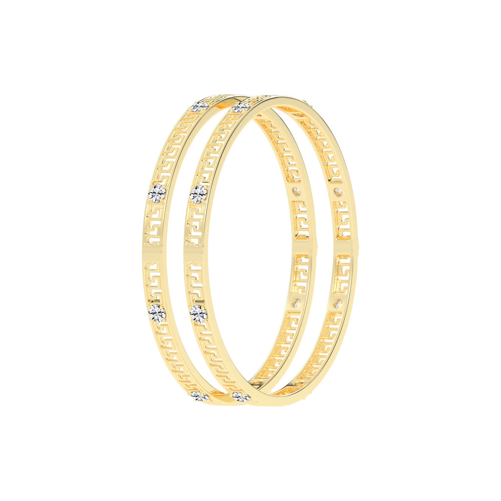 Luxury Diamond Accented Greek Key Eternity Bangle Bracelet Elegant Yellow Gold Geometric Statement Jewelry