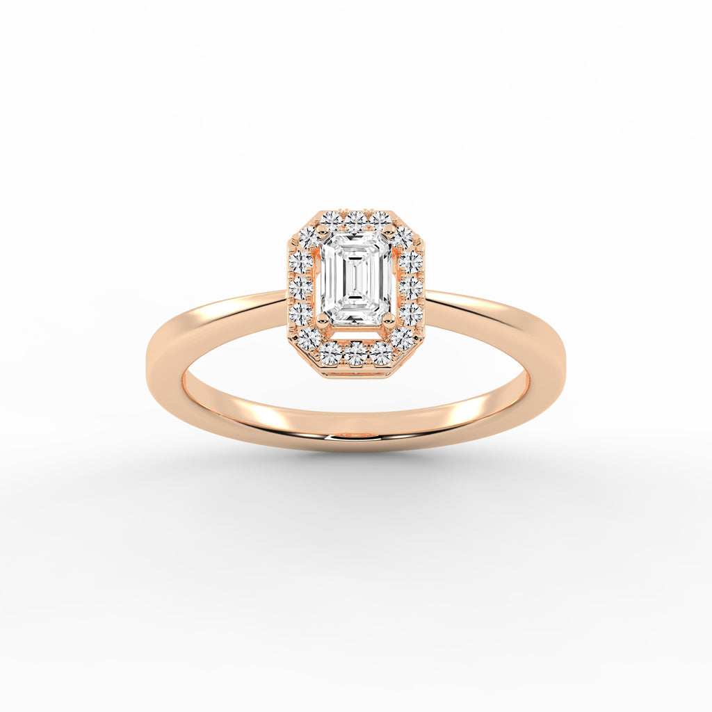 Halotica four prong emerald cut halo lab diamond ring