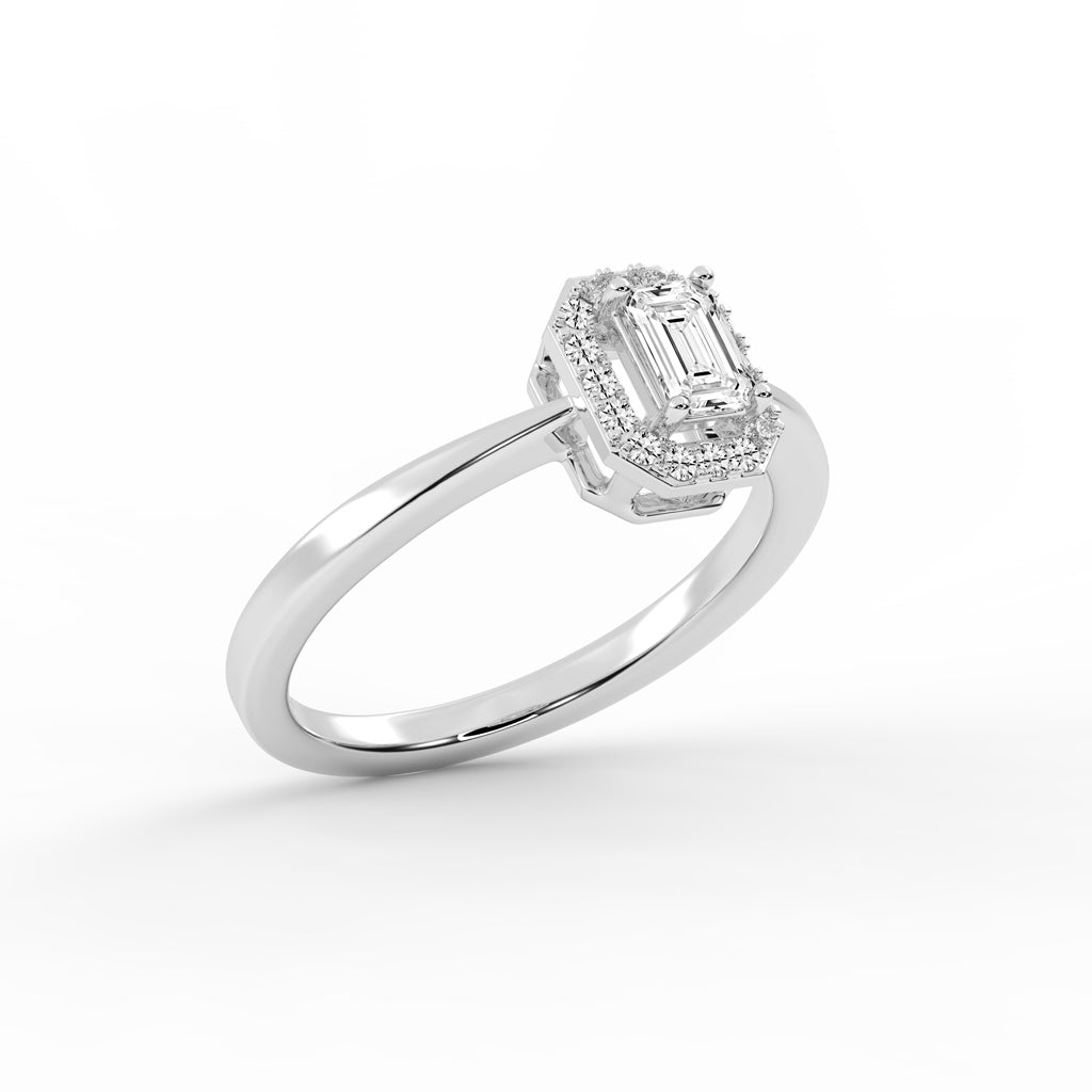 Halotica four prong emerald cut halo lab diamond ring