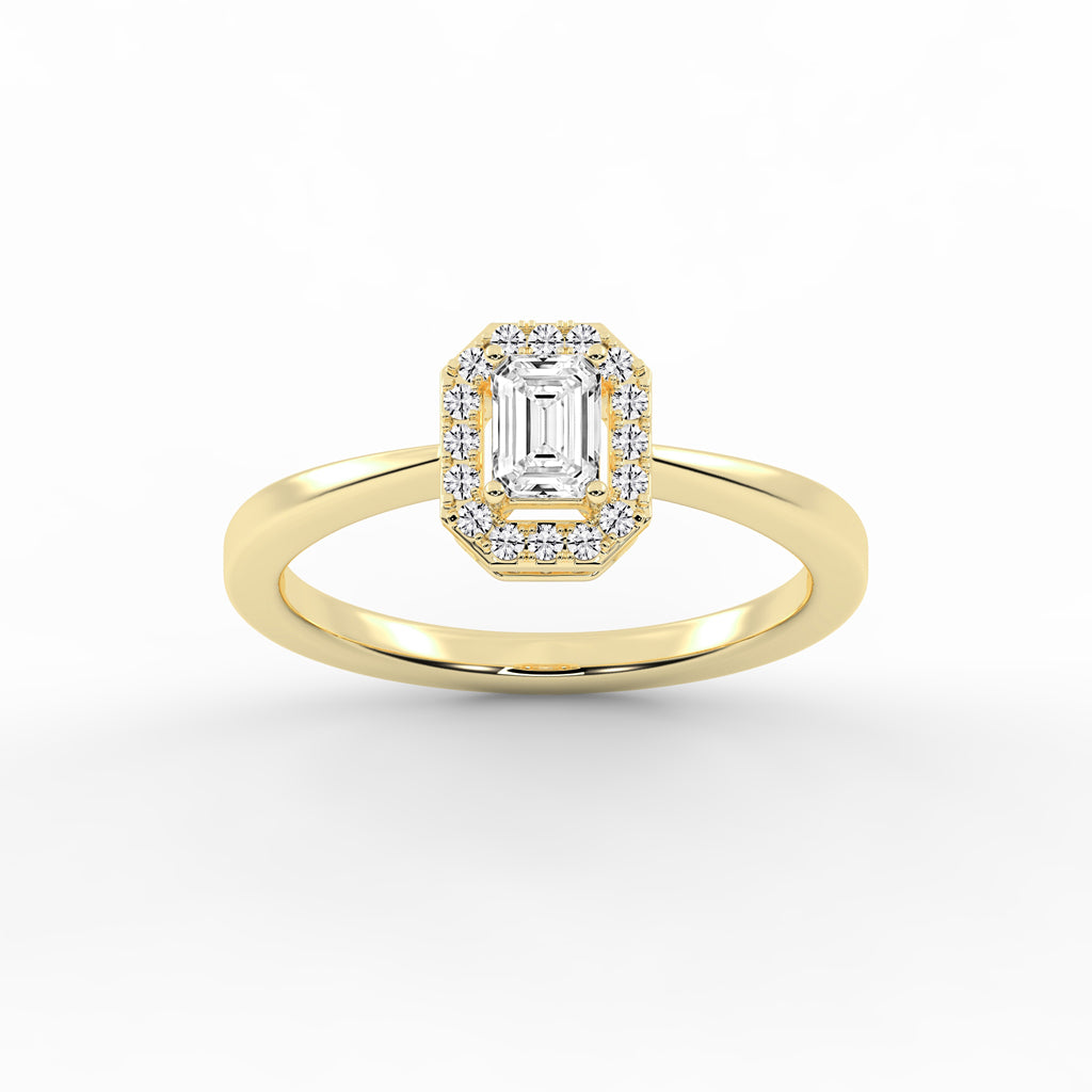 Halotica four prong emerald cut halo lab diamond ring