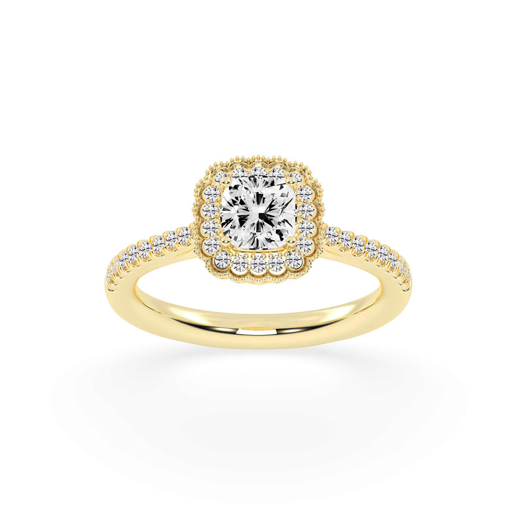 Halisira shared prong Cushion cut halo lab diamond ring