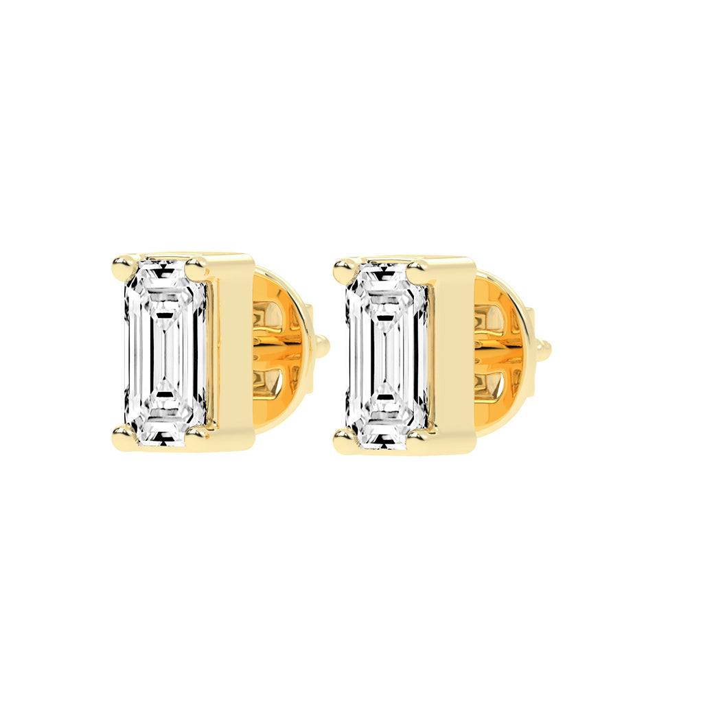 Emerald Shape Gold Solitaire Studs Earrings