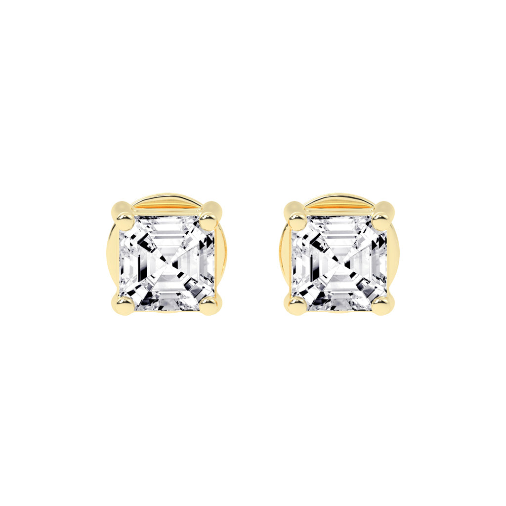 Asscher Shape Yellow Gold Solitaire Studs Earrings