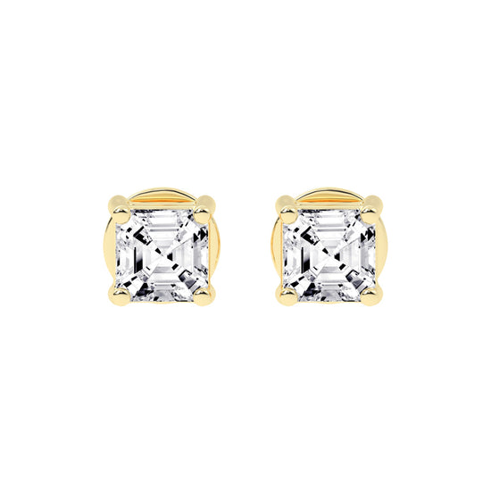 Asscher Shape Yellow Gold Solitaire Studs Earrings