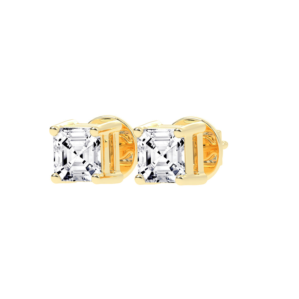 Asscher Shape Yellow Gold Solitaire Studs Earrings