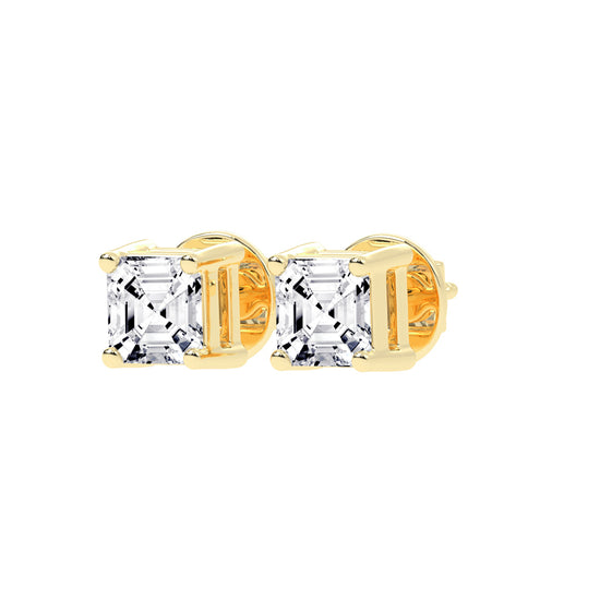 Asscher Shape Yellow Gold Solitaire Studs Earrings
