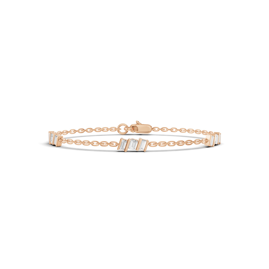 Luxury Baguette Cut Diamond Cluster Station Chain Bracelet Elegant Rose Gold Modern Geometric Signature Jewelry
