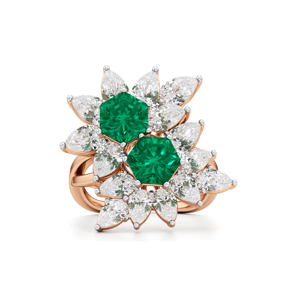 Hexagon Emerald Pear Diamond Cluster Ring