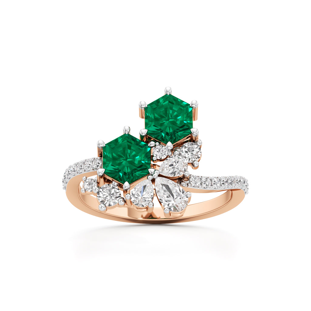 Hexagon Emerald Diamond Cluster Swirl Ring