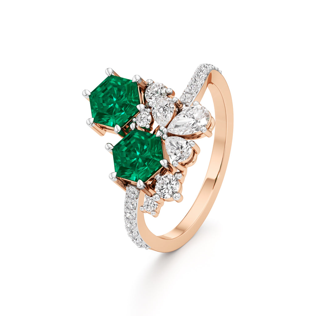 Hexagon Emerald Diamond Cluster Swirl Ring