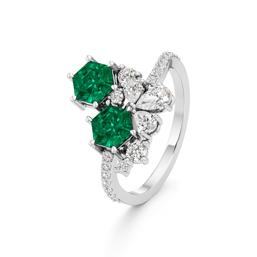 Hexagon Emerald Diamond Cluster Swirl Ring