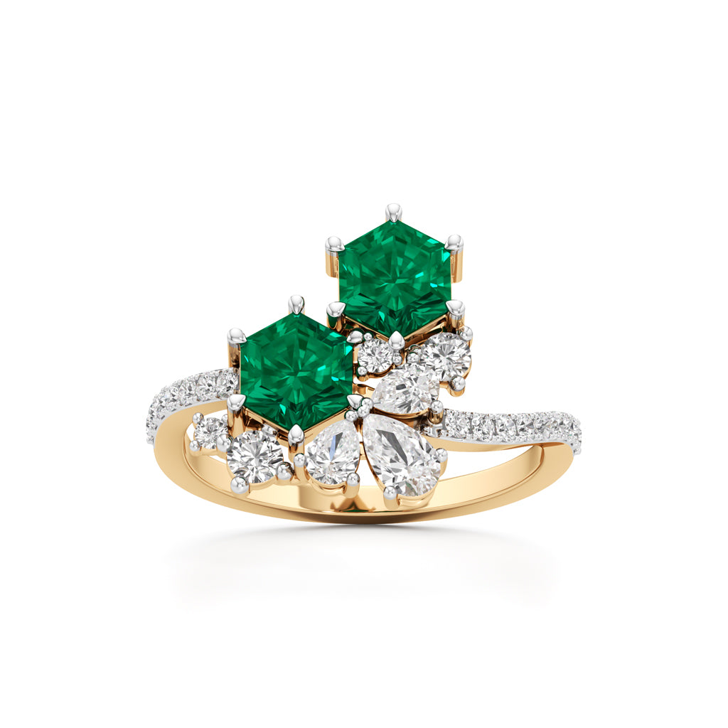 Hexagon Emerald Diamond Cluster Swirl Ring