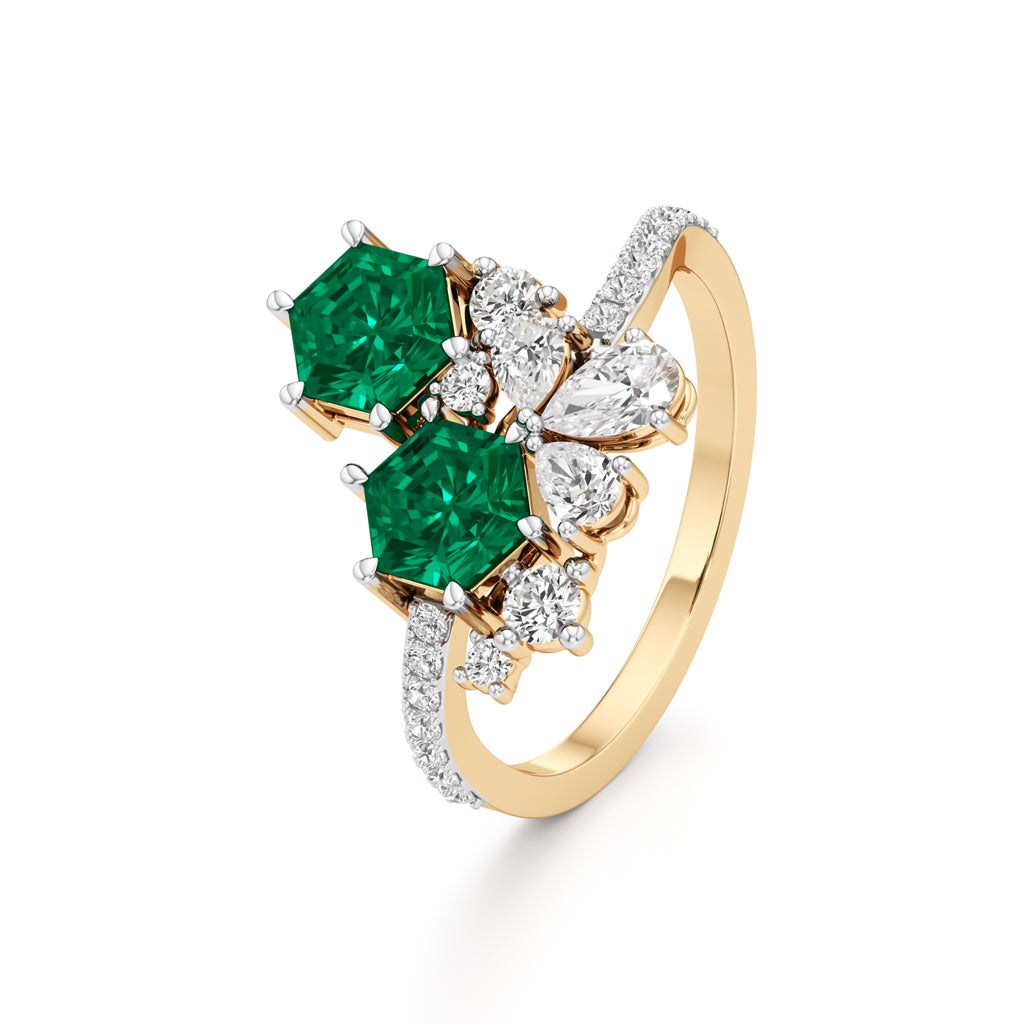 Hexagon Emerald Diamond Cluster Swirl Ring