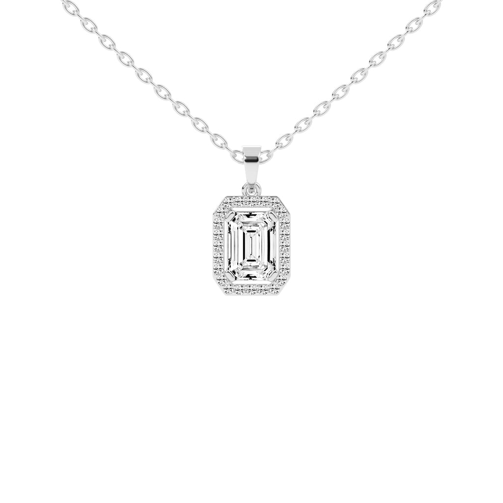 Jovelle Four Prong Emerald Cut Halo Lab Diamond Pendant