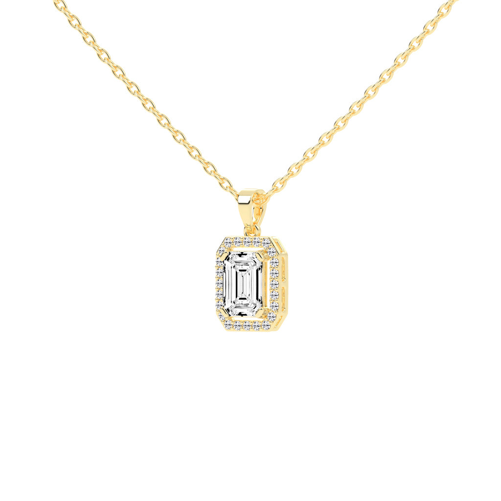 Jovelle Four Prong Emerald Cut Halo Lab Diamond Pendant