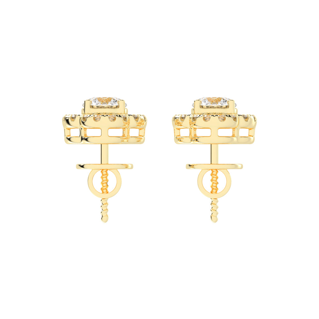 1.5Ct Round Shape Yellow Gold Halo Studs Earrings