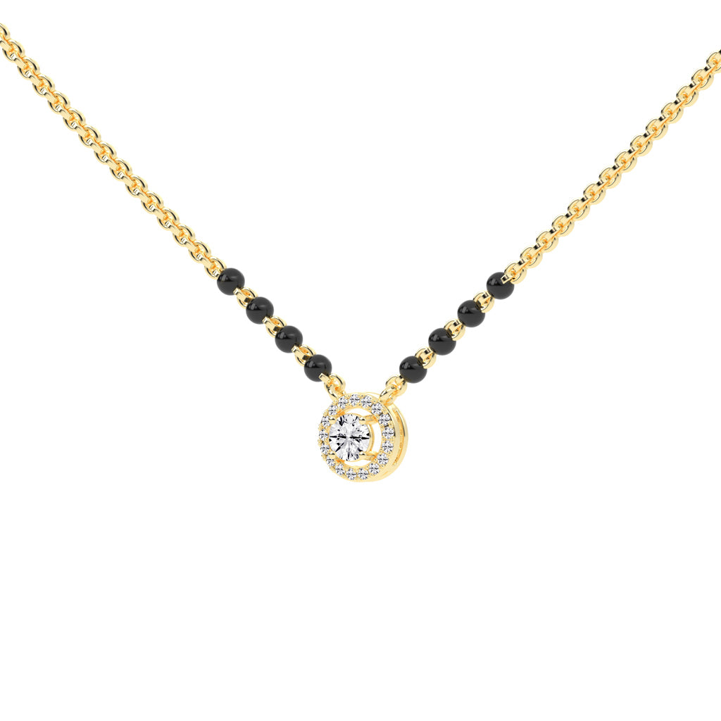 Classic 925 Silver 18K Gold Plated Halo Solitaire Mangalsutra Necklace with Black Beads