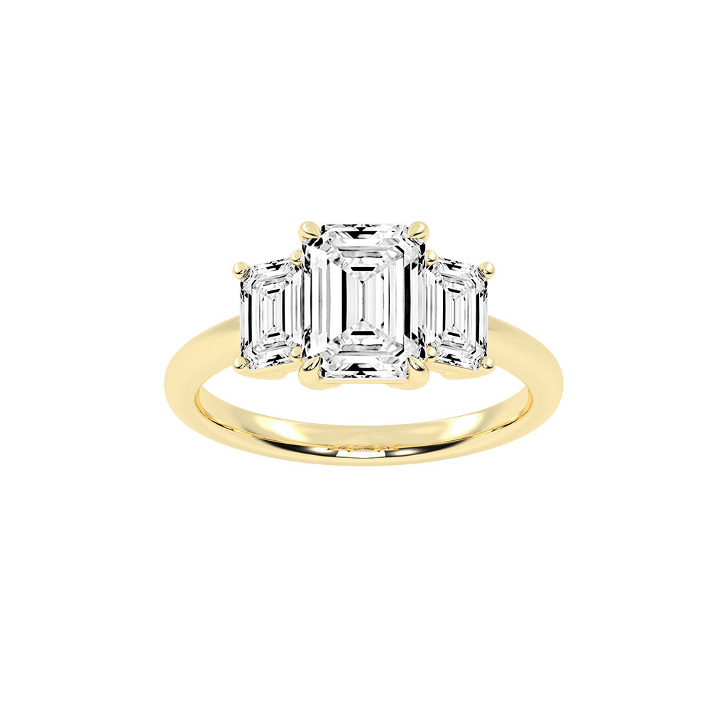 Triemara emerald cut three stone lab diamond ring