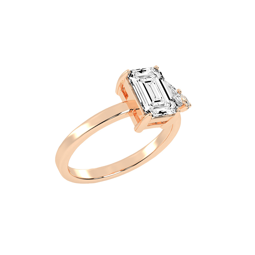 Triadaura emerald cut three stone lab diamond ring