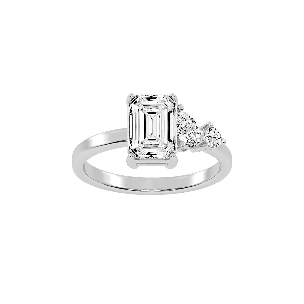 Triadaura emerald cut three stone lab diamond ring