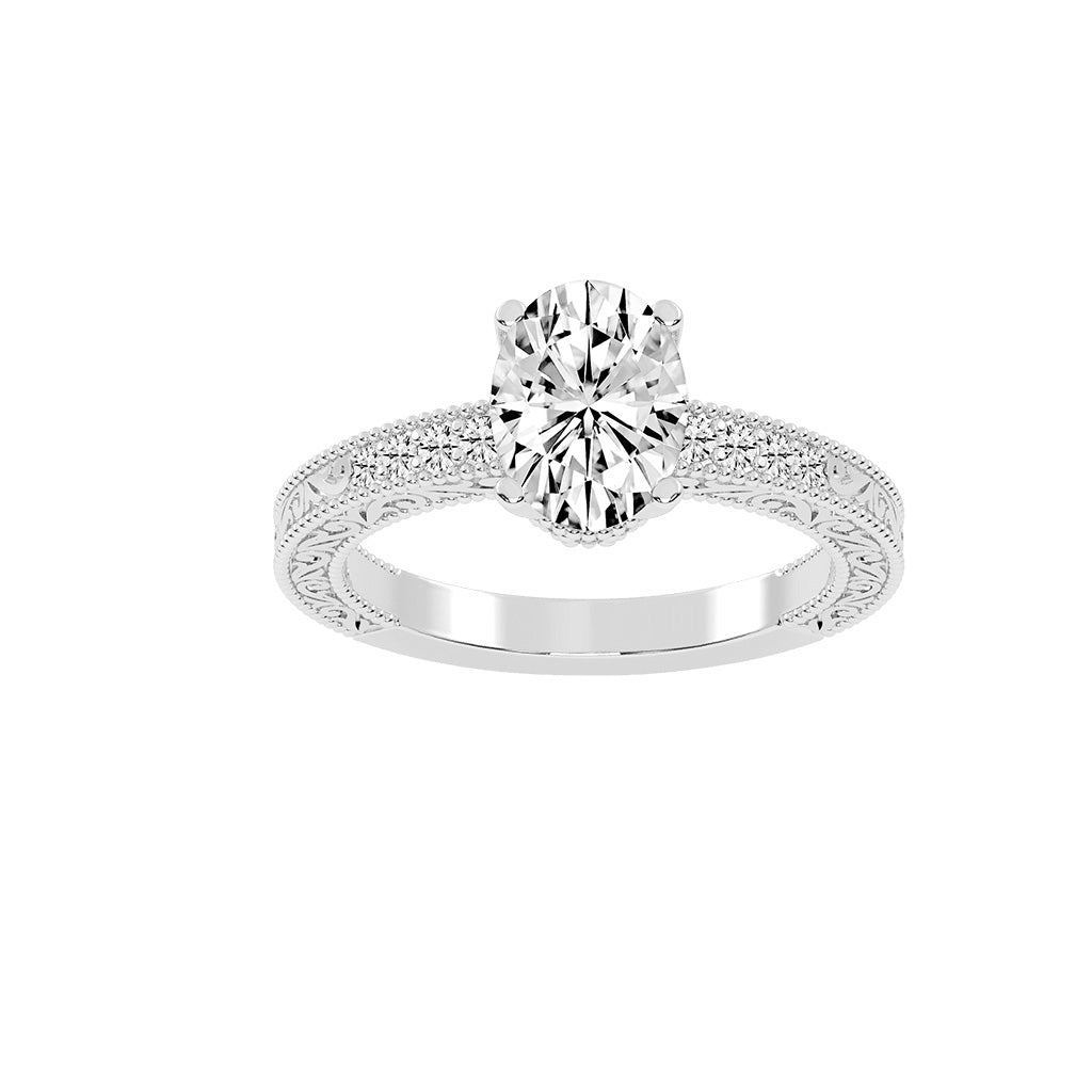 Trioside Filigree Oval Cut Side Stone Lab Diamond Ring