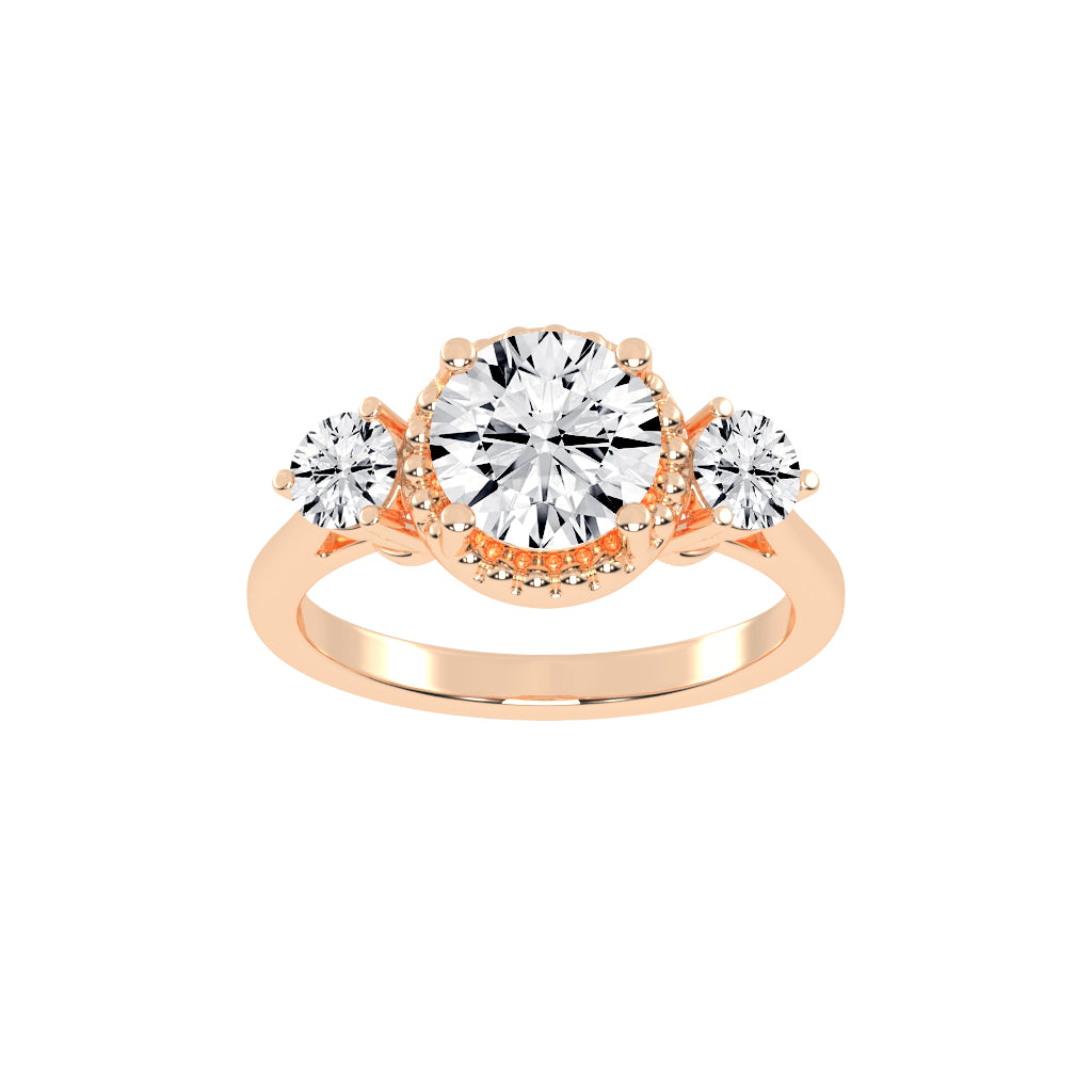 Halissara Tri Stone Round Cut Halo Lab Diamond Ring