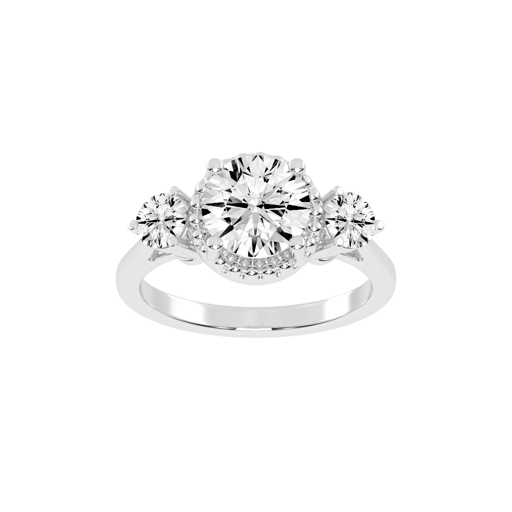 Halissara Tri Stone Round Cut Halo Lab Diamond Ring