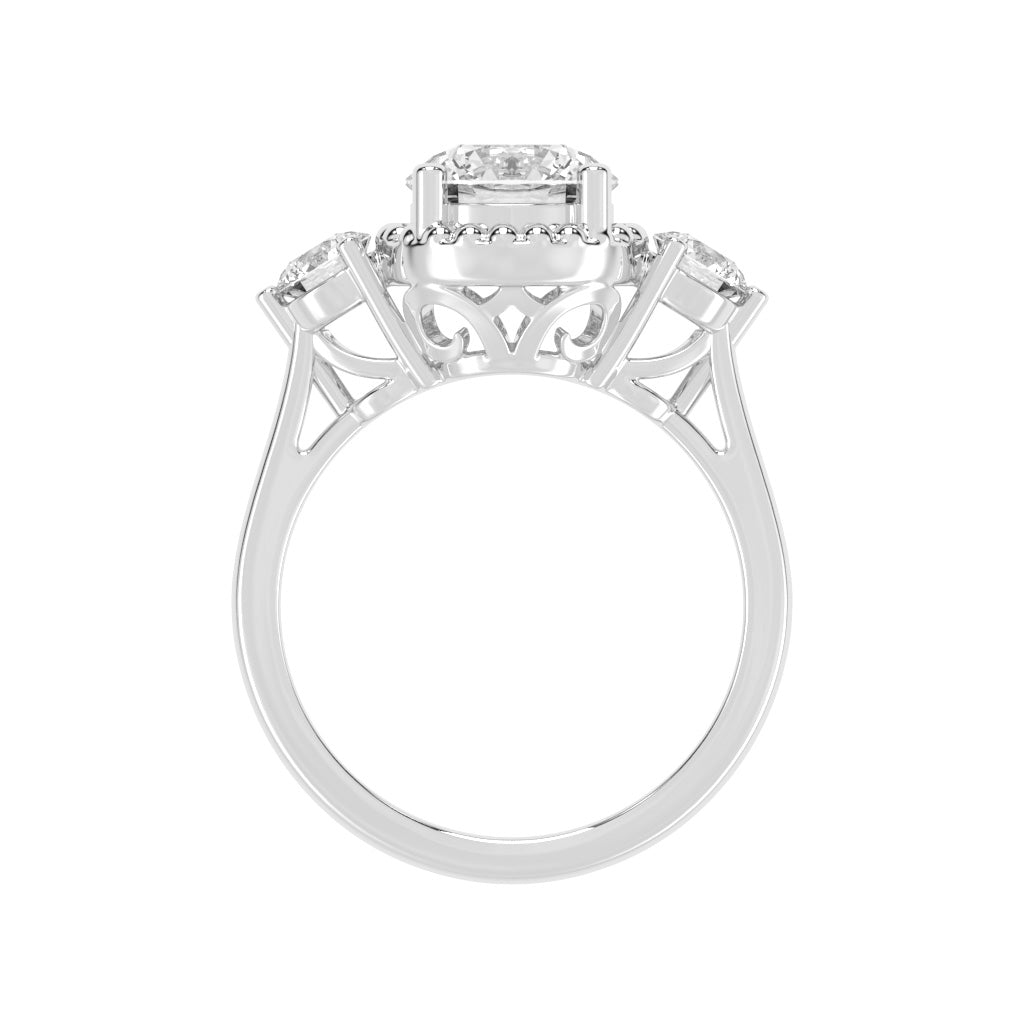 Halissara Tri Stone Round Cut Halo Lab Diamond Ring
