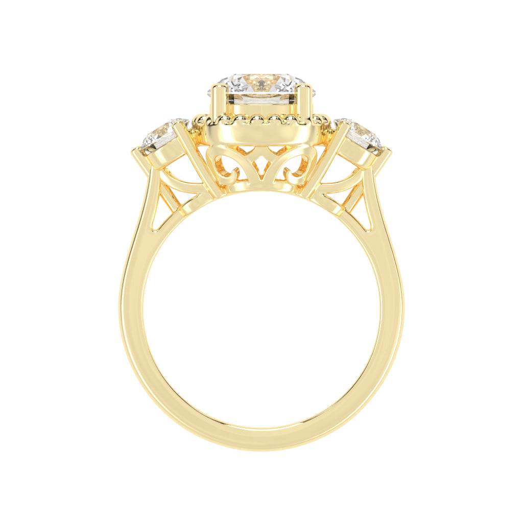 Halissara Tri Stone Round Cut Halo Lab Diamond Ring