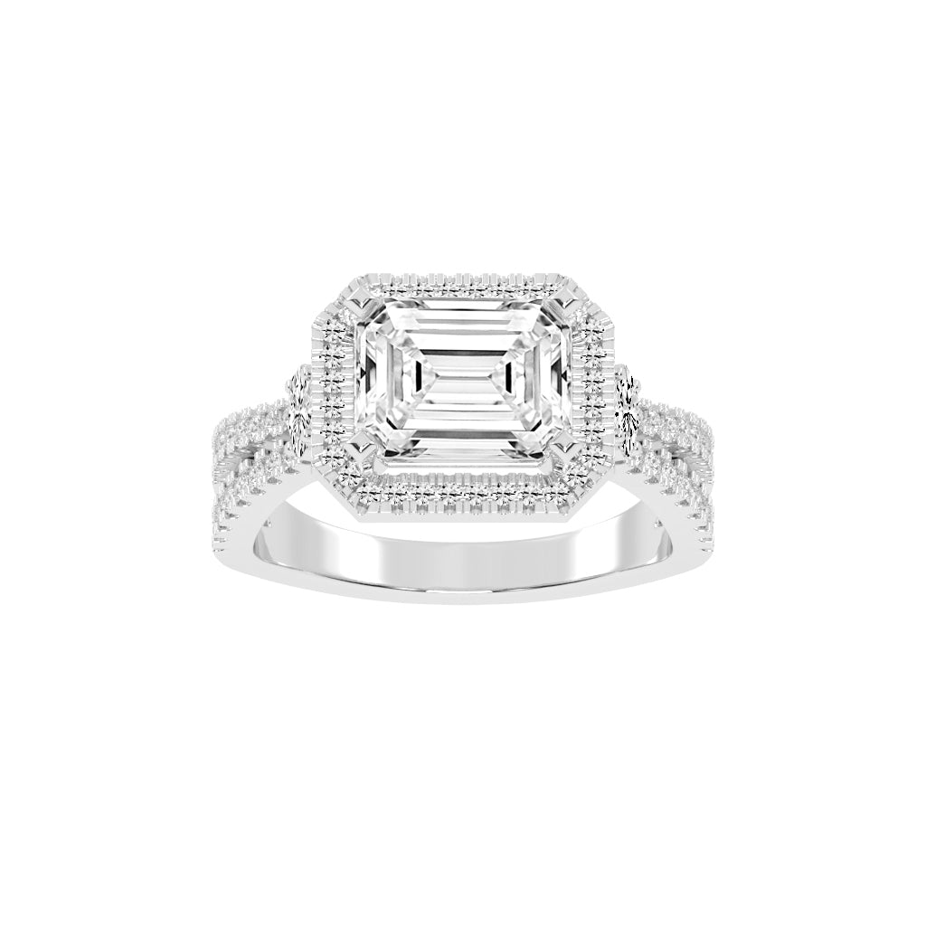 Haltraire Emerald Split Shank Halo Lab Diamond Ring