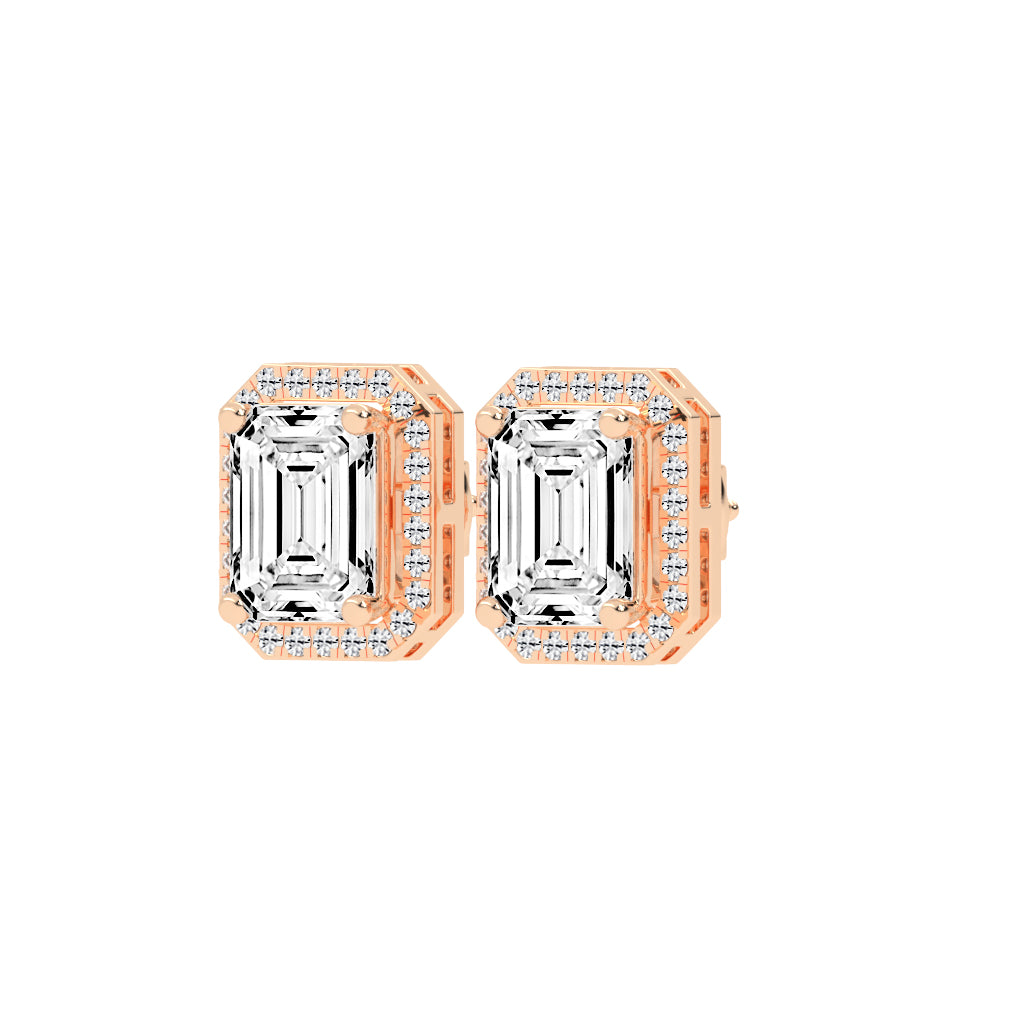 4.25Ct Emerald Shape, Gold, Halo Studs Earrings