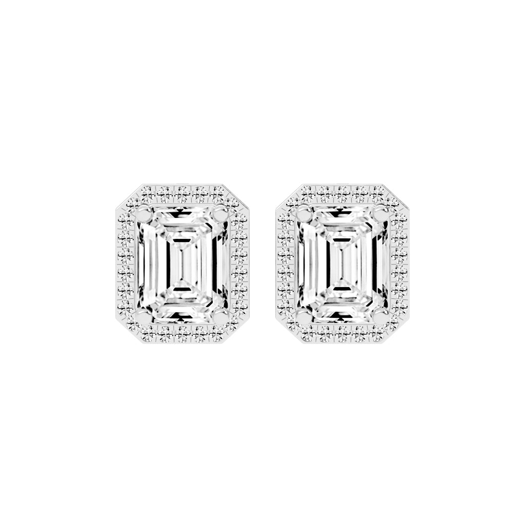 4.25Ct Emerald Shape, Gold, Halo Studs Earrings