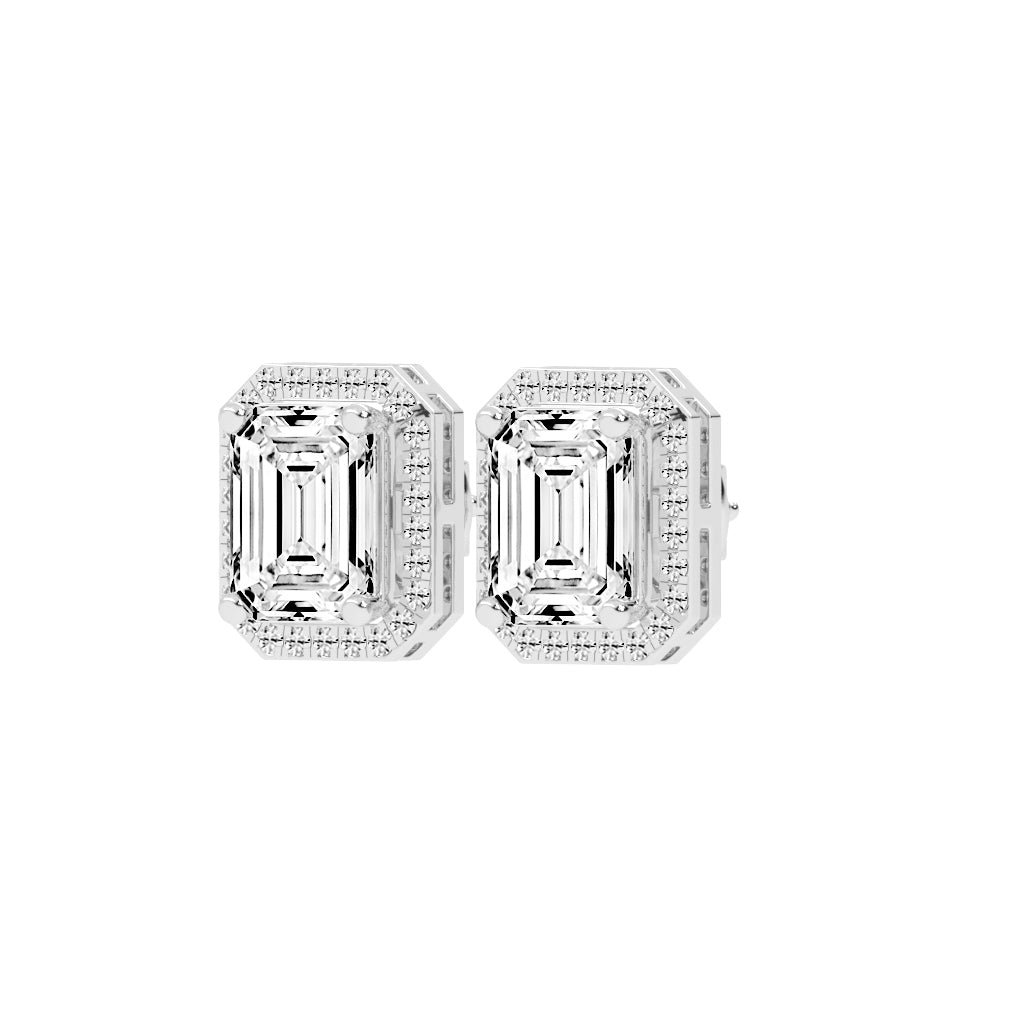 4.25Ct Emerald Shape, Gold, Halo Studs Earrings