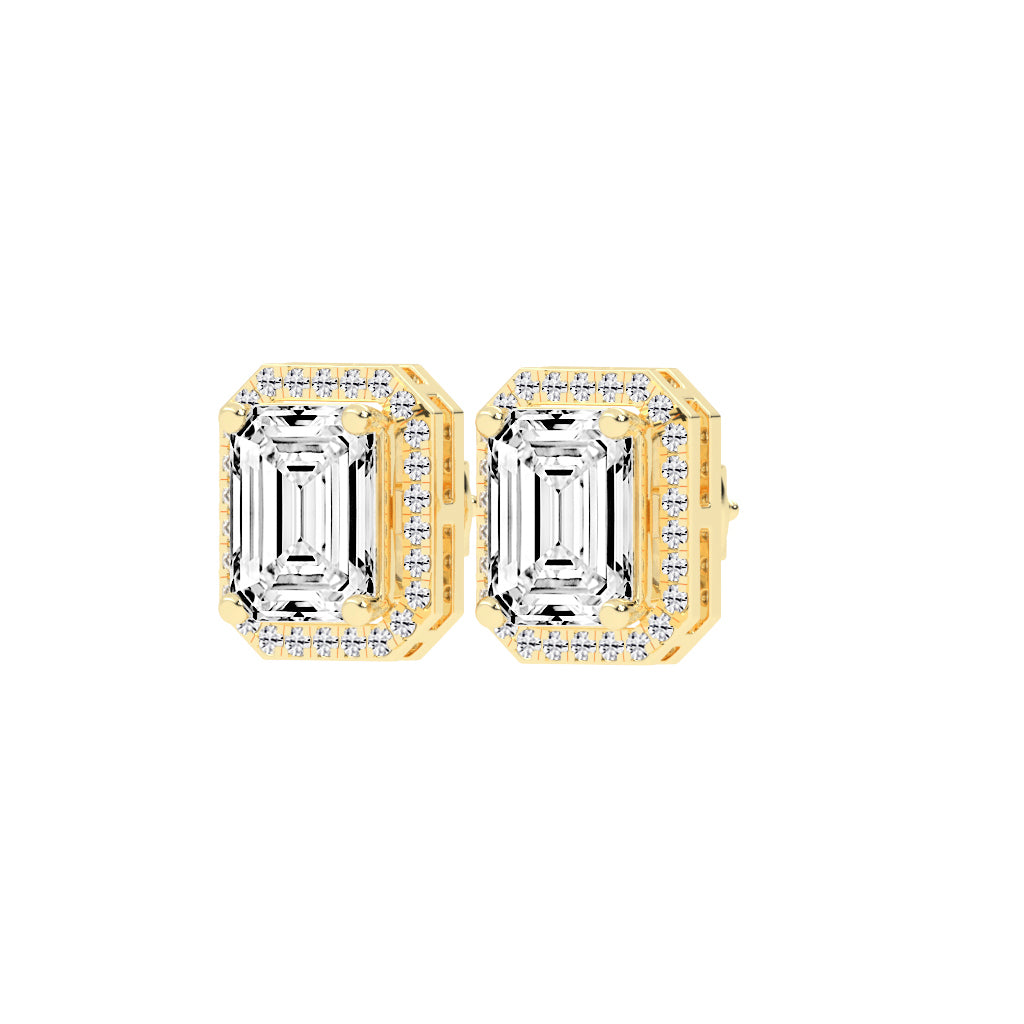 4.25Ct Emerald Shape, Gold, Halo Studs Earrings
