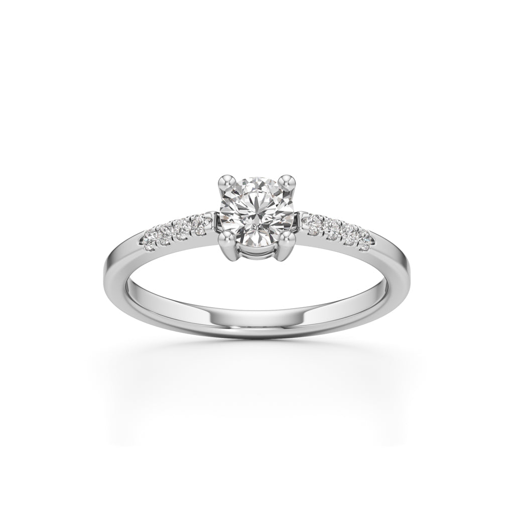 Vistara shared prong round cut side stone ring