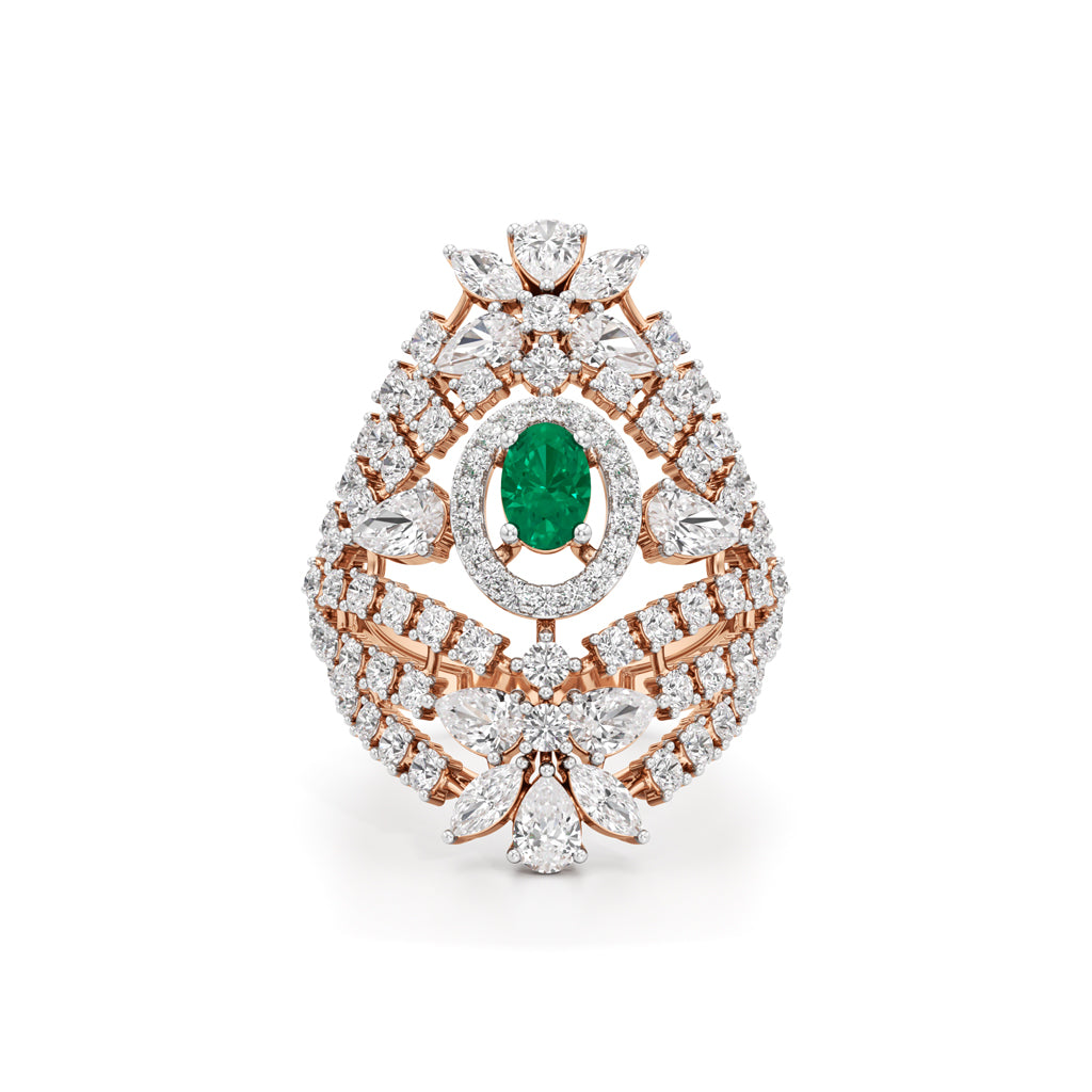 Ornate Emerald and Diamond Cluster Ring