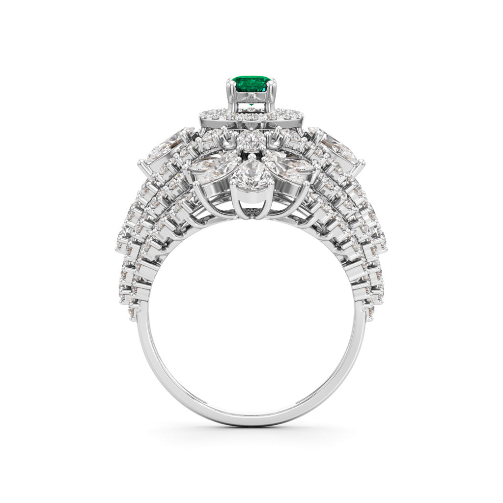 Ornate Emerald and Diamond Cluster Ring