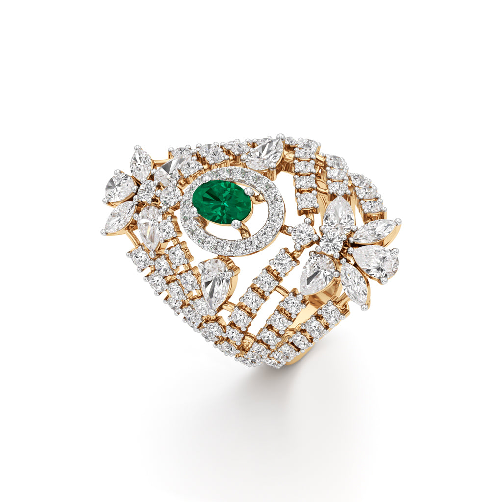 Ornate Emerald and Diamond Cluster Ring