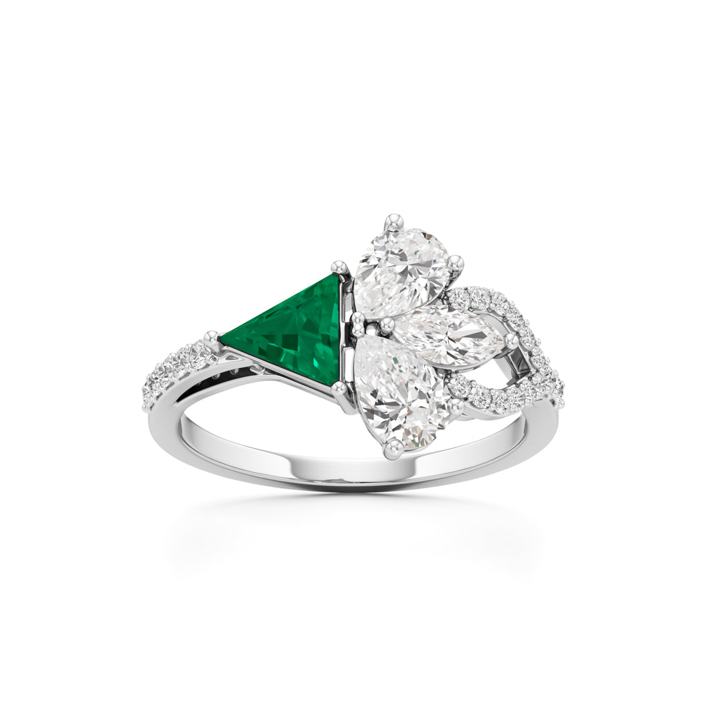 Majestic Emerald Bloom Ring with Radiant Diamond Petals and Pavé Embrace