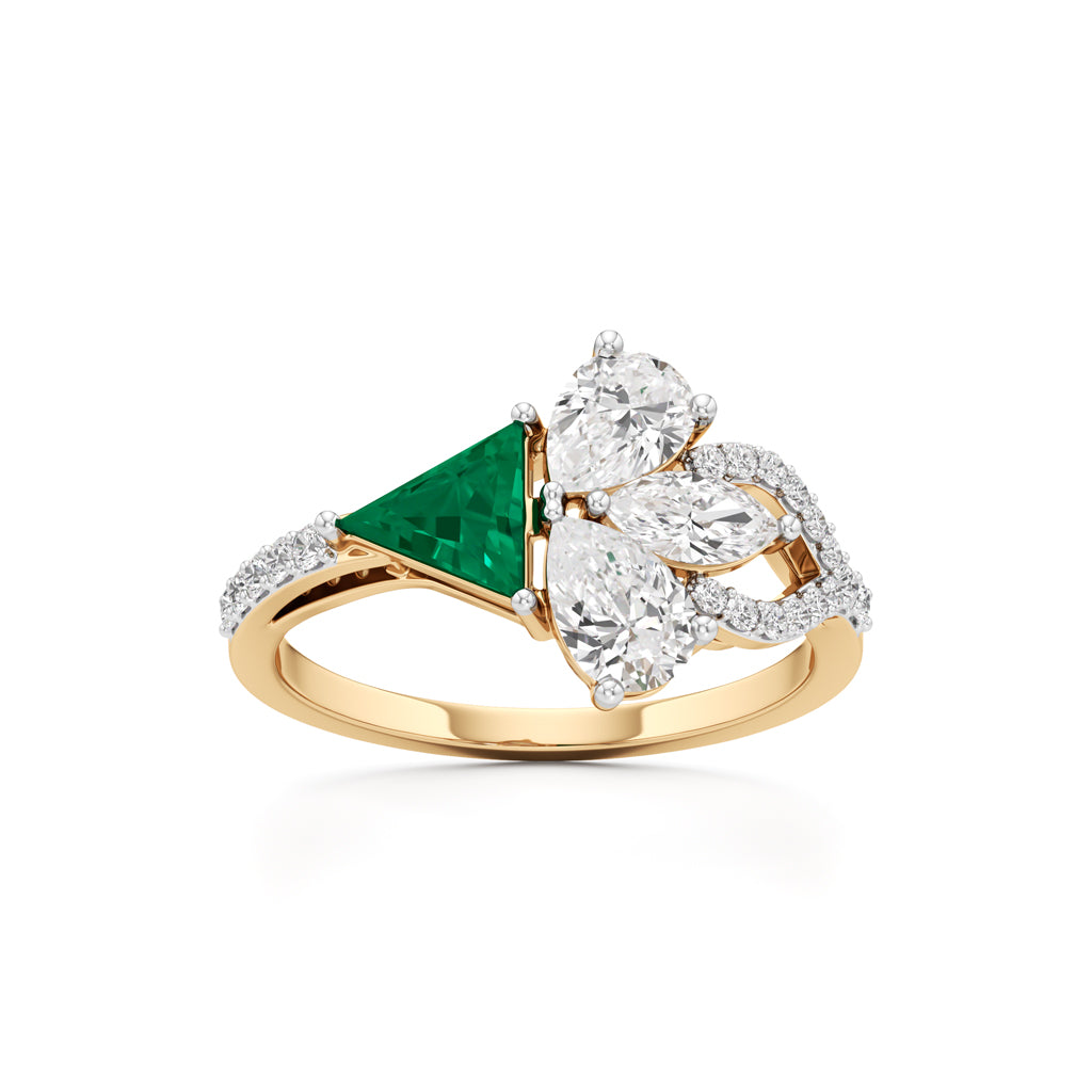 Majestic Emerald Bloom Ring with Radiant Diamond Petals and Pavé Embrace