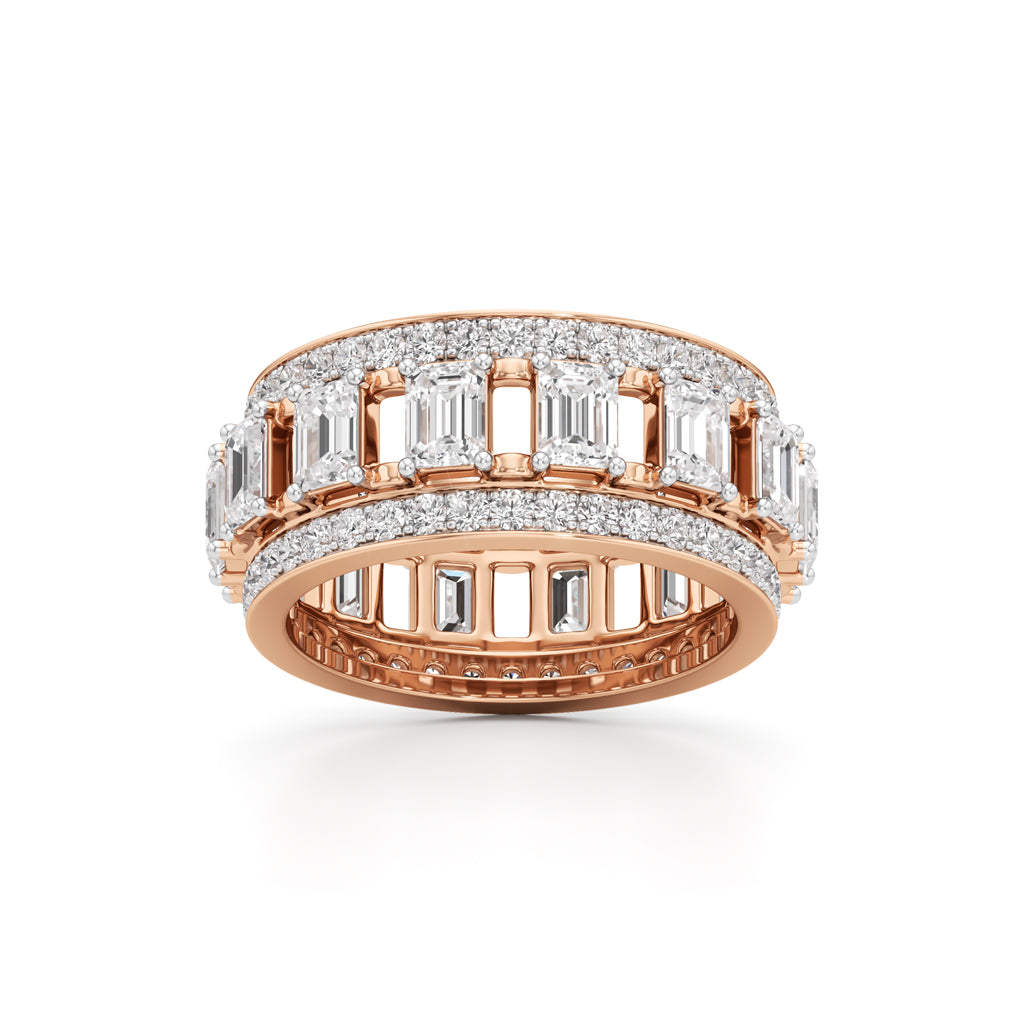 The Radiant Majesty Baguette Diamond Eternity Band with Pave Halo Accents