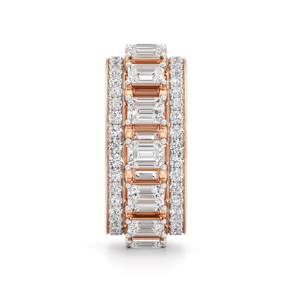 The Radiant Majesty Baguette Diamond Eternity Band with Pave Halo Accents