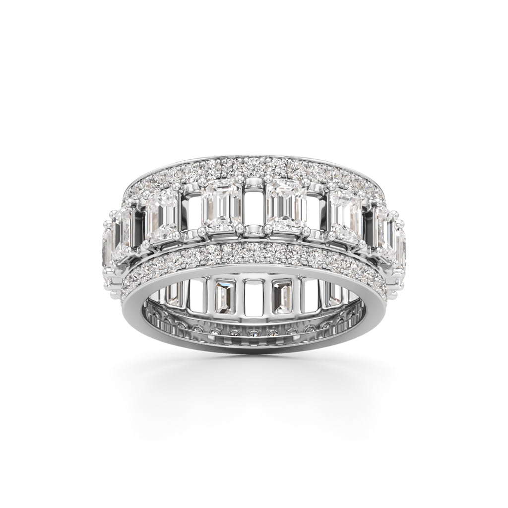 The Radiant Majesty Baguette Diamond Eternity Band with Pave Halo Accents