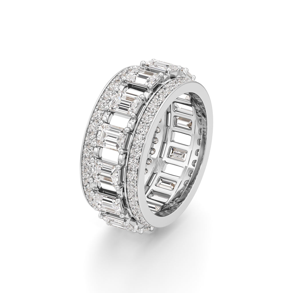 The Radiant Majesty Baguette Diamond Eternity Band with Pave Halo Accents