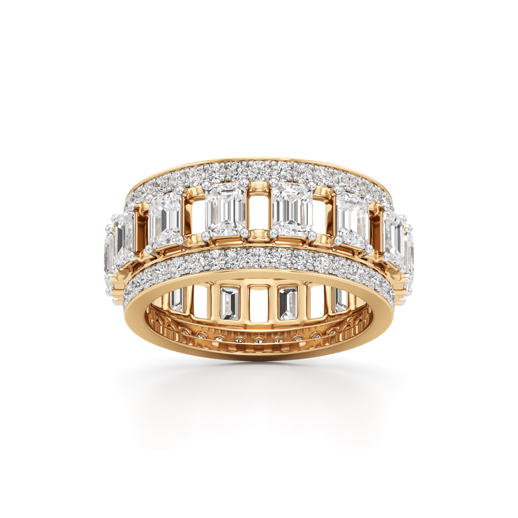 The Radiant Majesty Baguette Diamond Eternity Band with Pave Halo Accents