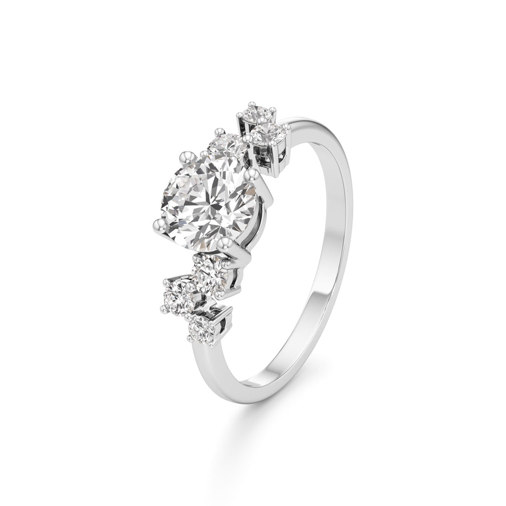 Round Solitaire with Cluster Side Stones Ring