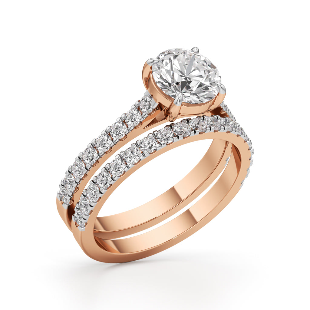 Round Diamond with Double Pave Band Wedding Set