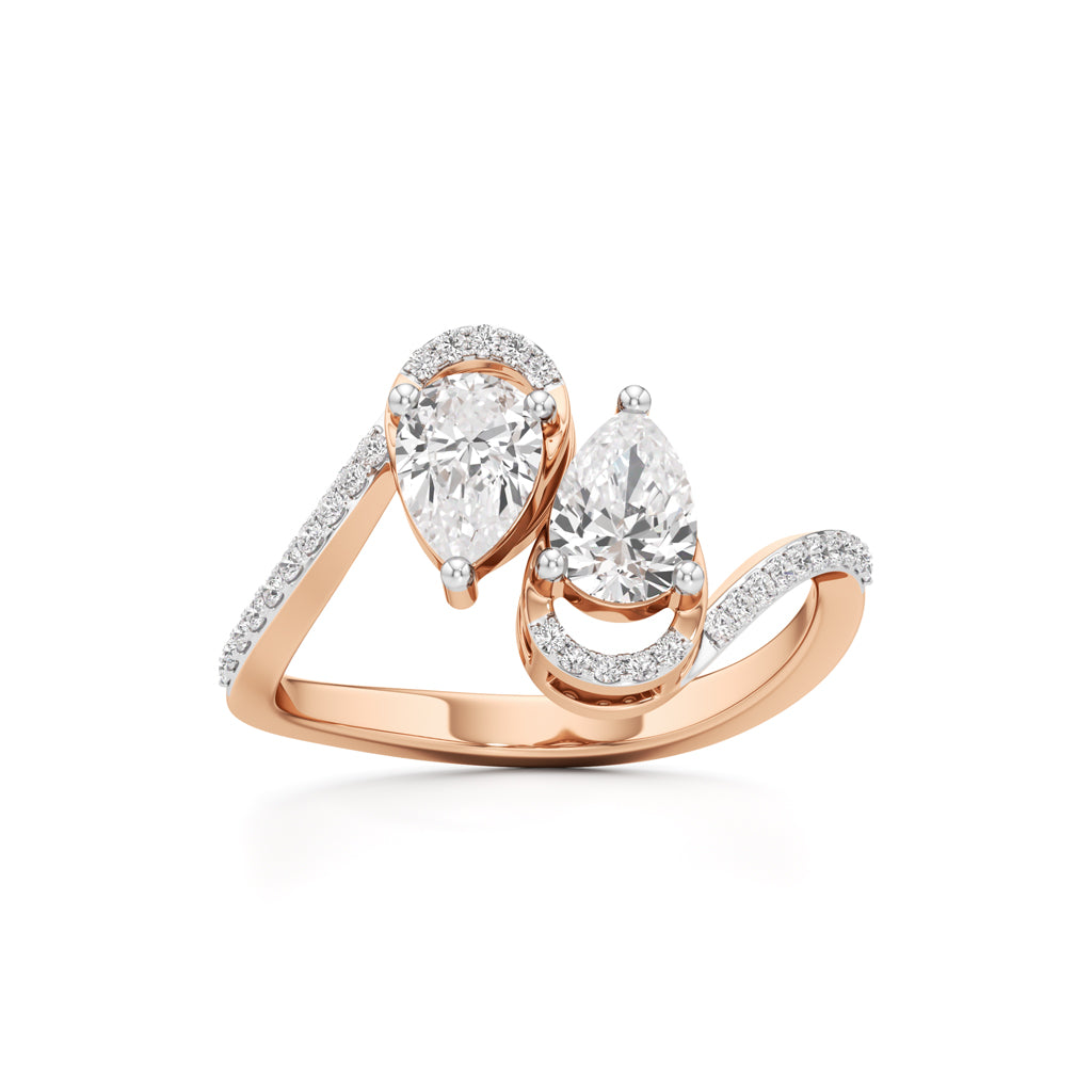 Two Pear Diamond Bypass Ring with Halo Accent
