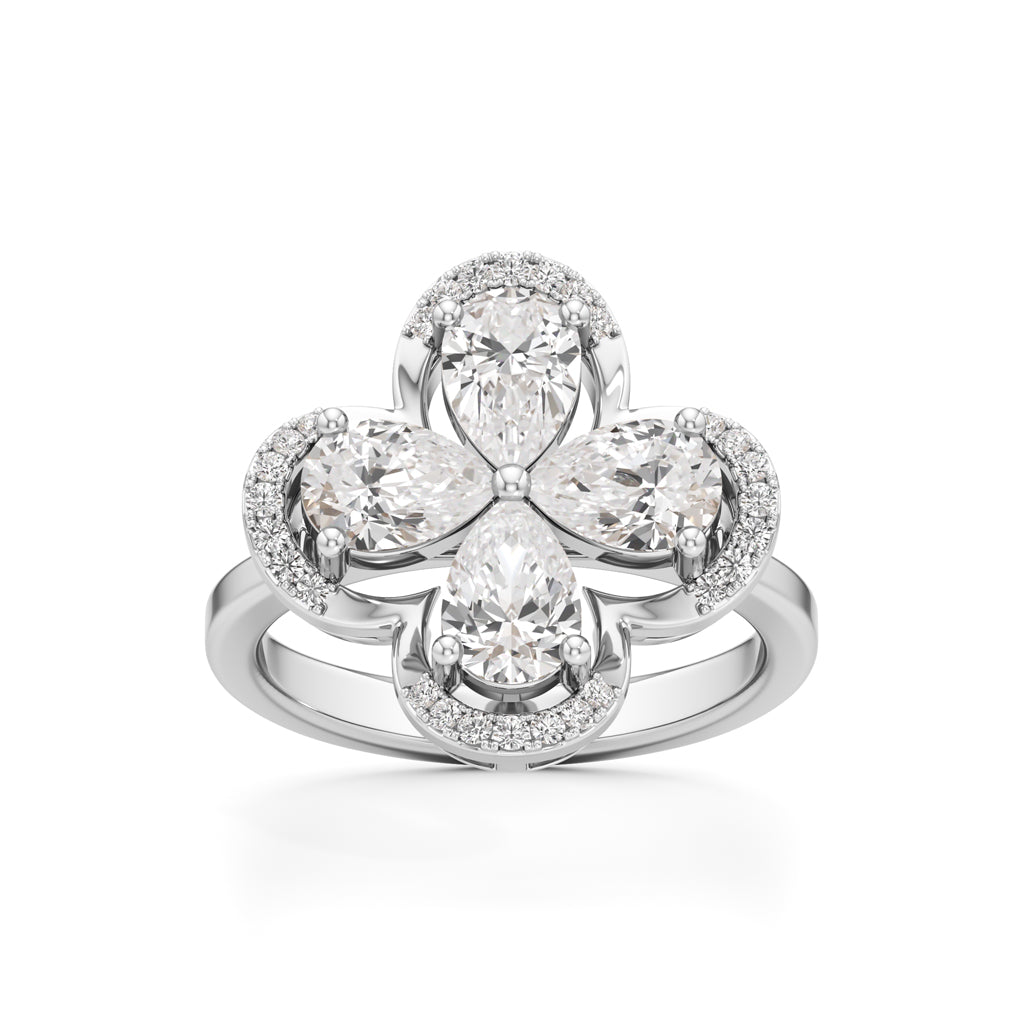 Pear Diamond Clover Ring with Halo