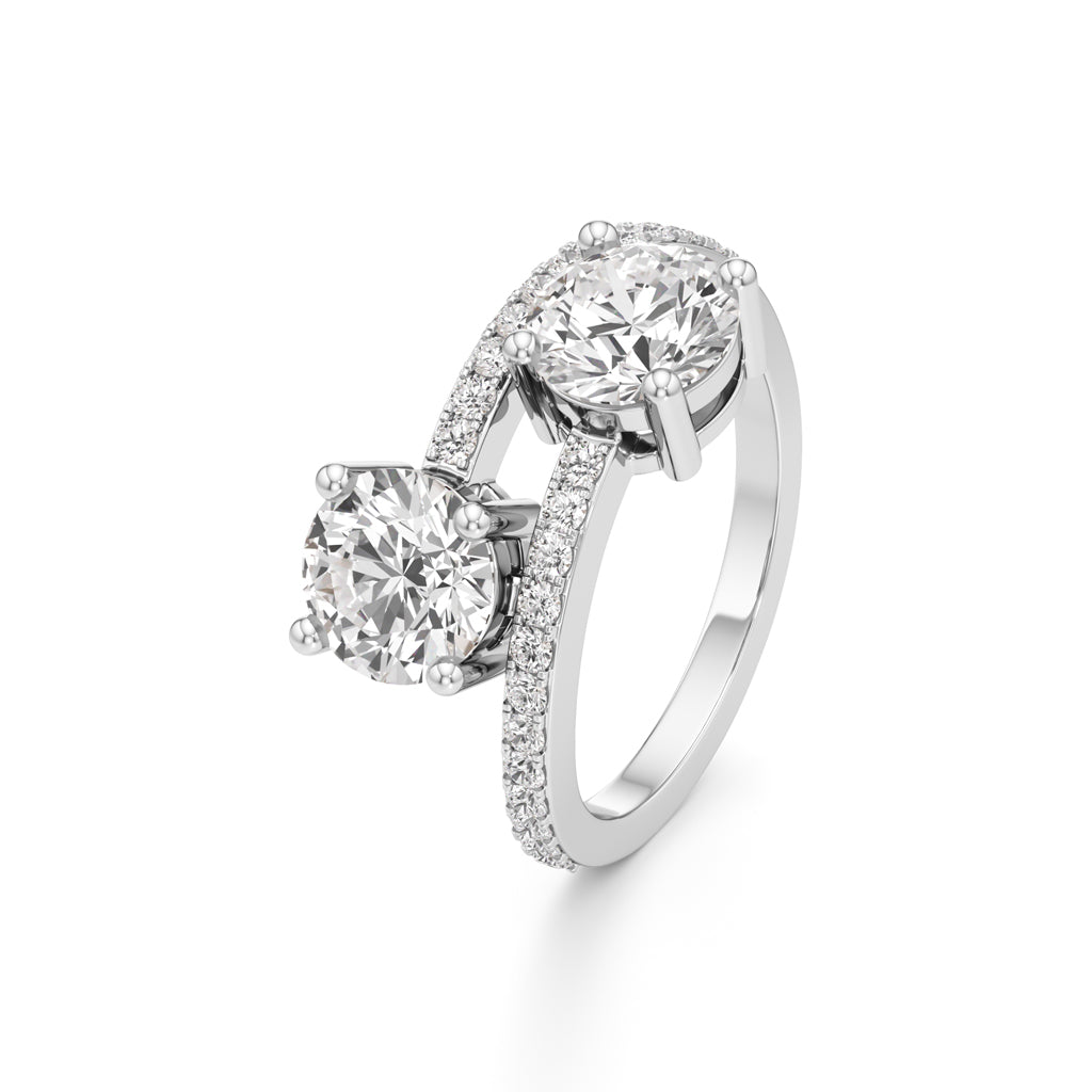 Two-Stone Round Diamond Bypass Ring with Diamond Line